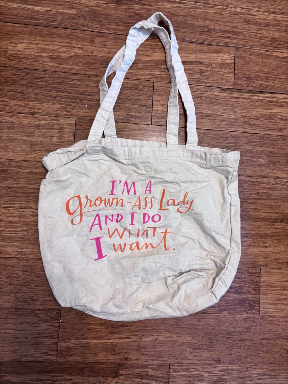 Cream Canvas Tote with Pink & Orange Script Slogan